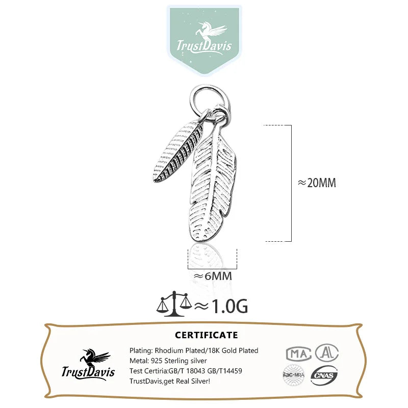 TrustDavis New Real 925 Sterling Silver Personality Double Feathers Charm Pendant Handmade DIY Accessories Wholesale DZ1716