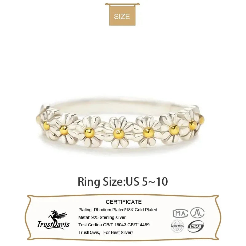 TrustDavis 2024 Real 925 Sterling Silver Small Daisy Flowers Rings for Women Wedding Anniversary Gift Fashion Jewelry DS3547