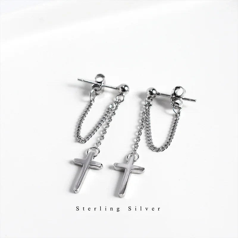 TrustDavis 100% 925 Sterling Silver Cross Chain Stud Earrings Beautiful For Women Lady Silver 925 Jewelry Gift  ED470