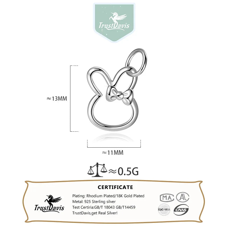 TrustDavis 925 Sterling Silver Classic Fashion Cute Rabbit Bow Pendant DIY Necklace Bracelet Accessories Fine Jewelry DZ1836