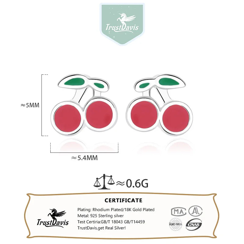 TrustDavis Real 925 Sterling Silver Fashion Sweet Cute Zirconia Cherry Screw Earrings for Women Girls Jewelry Gift DS4734