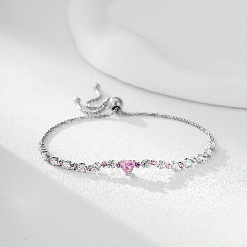 TrustDavis 925 Sterling Silver Women's Fashion Simple Full Diamond Heart Adjustable Bracelet for Women Girls Jewelry Gift DS4429