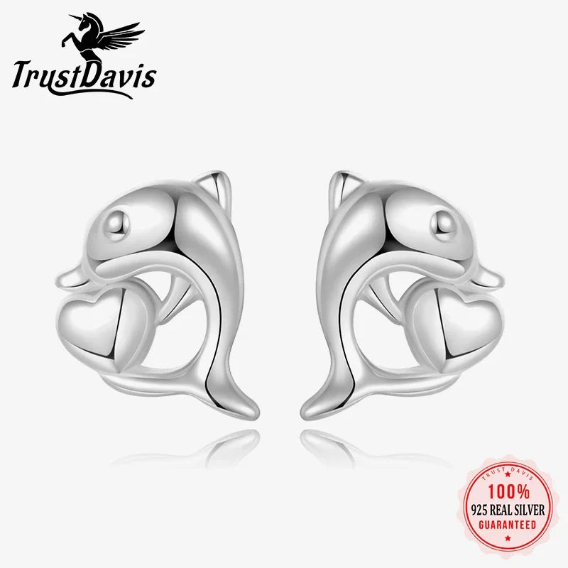 TrustDavis Real 925 Sterling Silver Cute Dolphin CZ Stud Earring for Women Daughter Birthday Gift Fine Jewelry DA3227