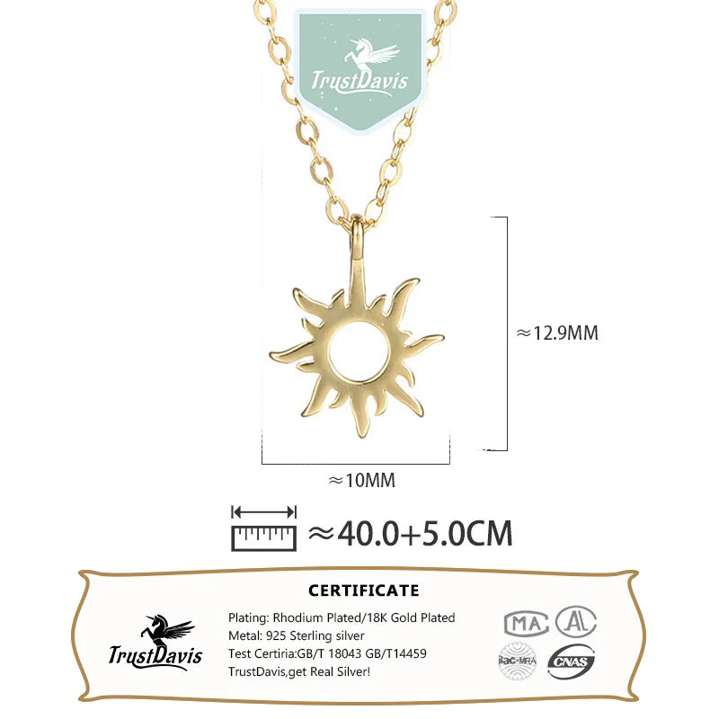 TrustDavis 925 Sterling Silver Women's Necklace  Fashion Simple Hollow Sun Flame Necklace for Women Girls Jewelry Gift DS4661
