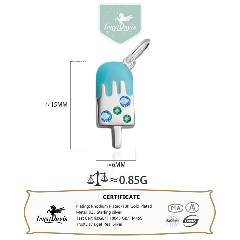 TrustDavis Real 925 Sterling Silver Fashion Colorful Ice Cream Charm Pendant Handmade DIY Accessories Jewelry Wholesale DZ1744