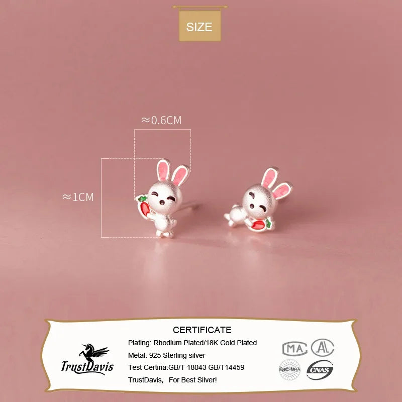 TrustDavis Real 925 Sterling Silver Kids Earring Frosted Rabbit Carrot Stud Earrings For Daughter Girls Fine Jewelry Gift DS3213