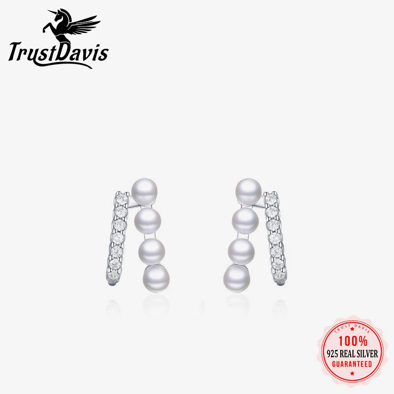 TrustDavis 925 Sterling Silver Women's Fashion and Simple Pearl Inlaid Zircon Earrings for Women Girls Jewelry Gift DS4264