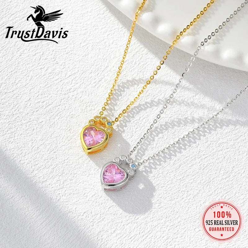 TrustDavis Real 925 Sterling Silver Fashion Simple Heart-shaped Zircon Lock Necklace for Women Girls Gift Fine Jewelry DS4736