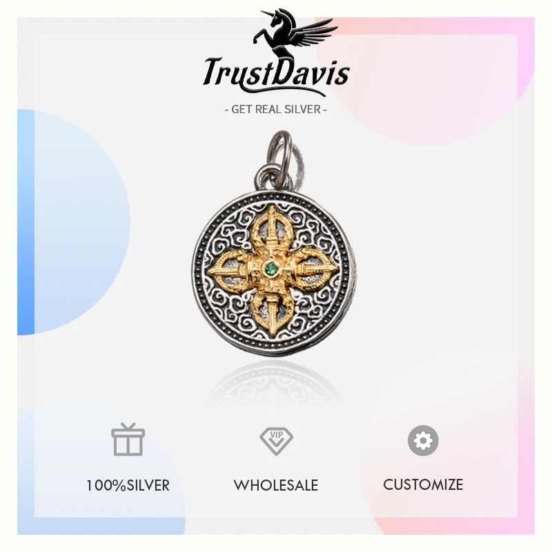 TrustDavis Real 925 Sterling Silver Retro 12mm Round Plate Charm Pendant Handmade DIY Accessories Wholesale DZ1783