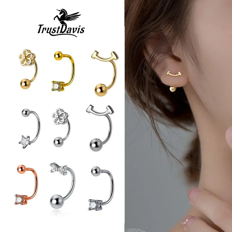 TrustDavis 1 Pcs Real 925 Sterling Silver Fashion Flower Bowknot Star Screw Stud Earrings For Women Fine Jewelry Gift DB1363
