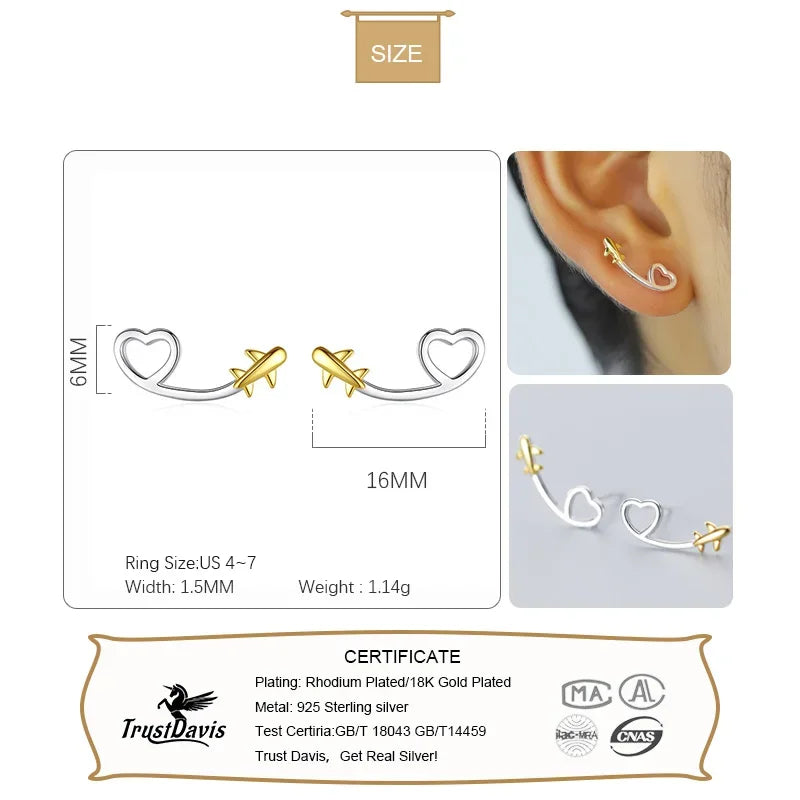 TrustDavis 925 Sterling Silver Earring Jewelry Hollow Heart Plane Stud Earrings Birthday Gift For Women Silver 925 Jewelry DA801
