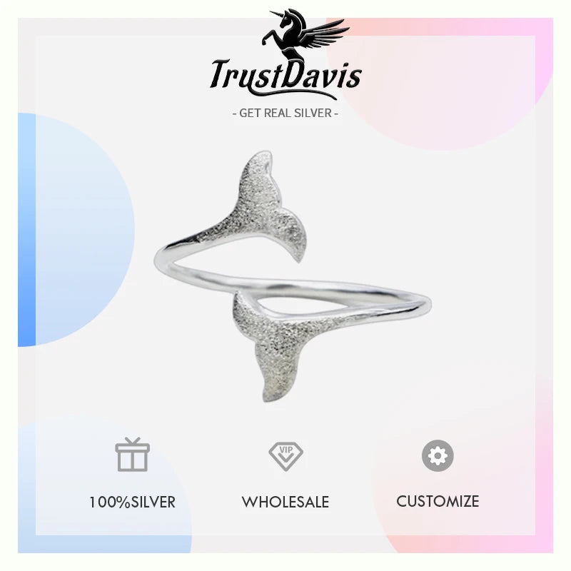Trustdavis 100% 925 Sterling Silver Sweet Double Mermaid Tail Adjustable Rings For Women Wedding Party S925 Ring Jewelry DS586