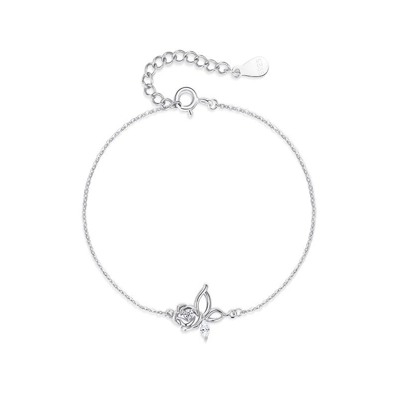 TrustDavis 925 Sterling Silver Women's Fashion Zircon Simple Rose Butterfly Zircon Necklace for Women Girls Jewelry Gift DS4435