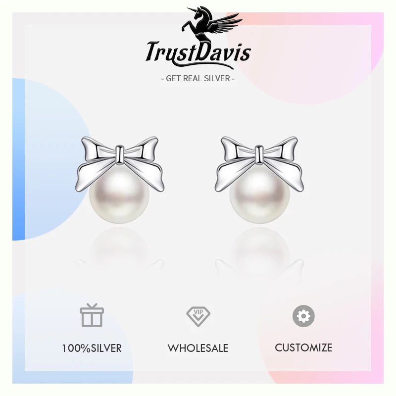 Trustdavis Real 925 Sterling Silver Fashion Classic Pearl Round Stud Earrings for Women Gift Birthday Present Jewelry  DS4008