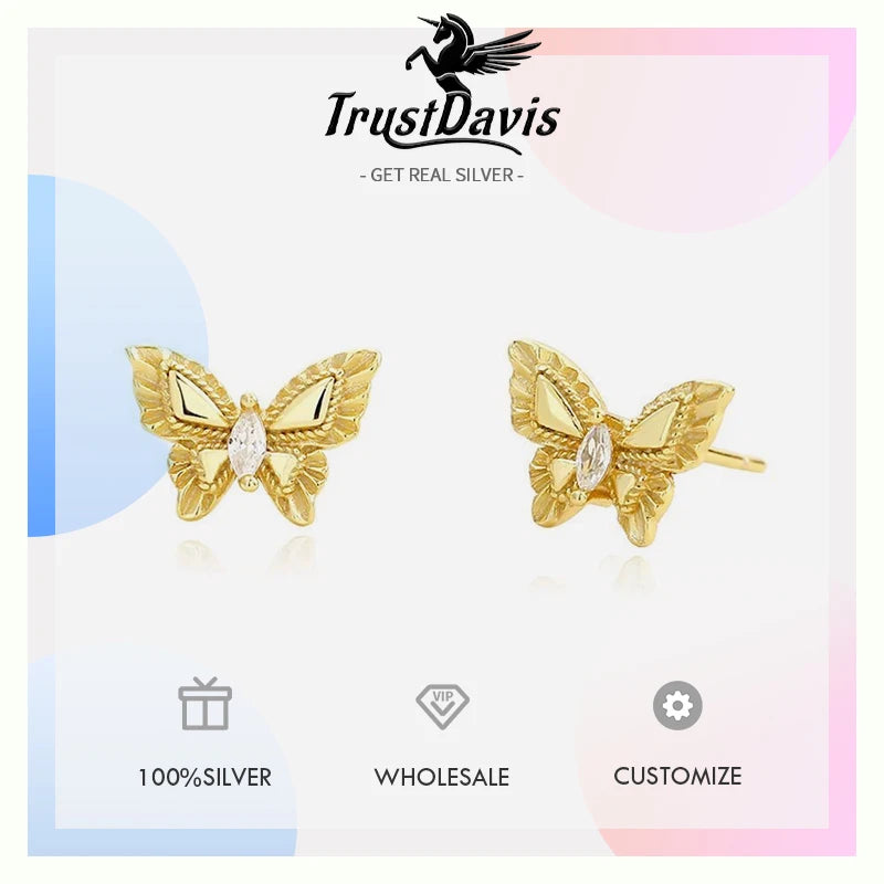 TrustDavis 925 Sterling Silver Women's Fashion Simple Butterfly Zirconia Earrings for Women Girls Birthdays Jewelry Gift  DS4701