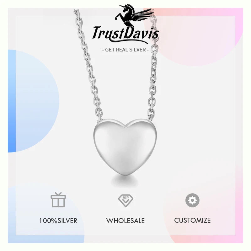 TrustDavis Women 925 Solid Sterling Silver Glossy Love Pendant Necklace for Lady Girls Birthday Gift Fine S925 Jewelry DS4463