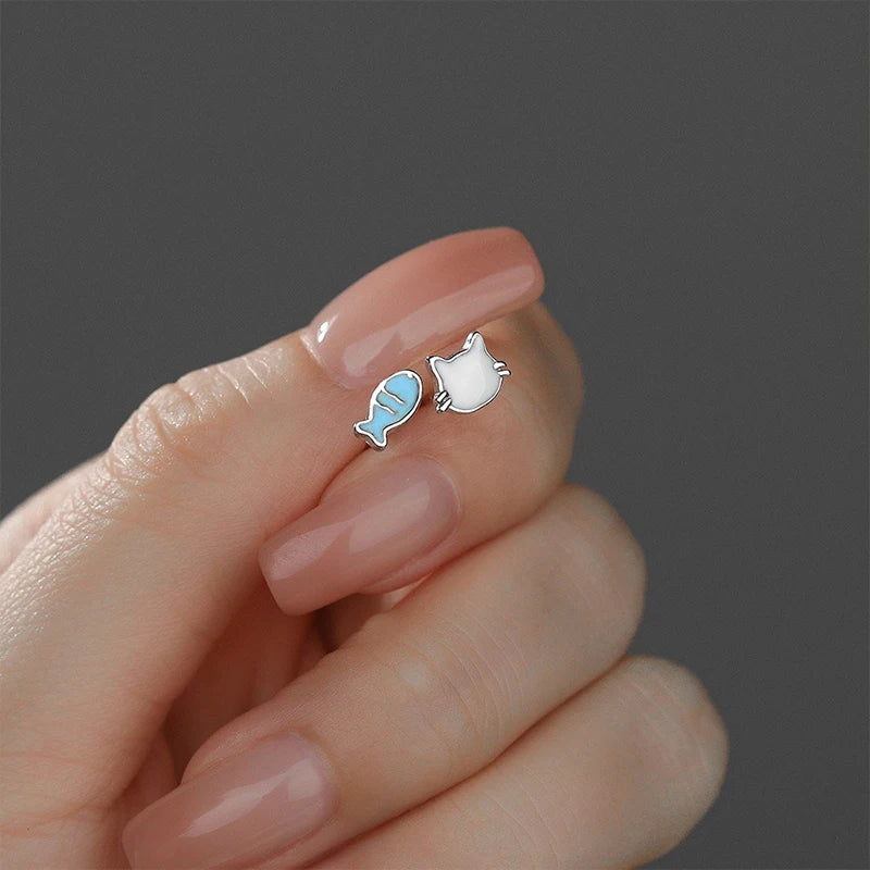 TrustDavis Real 925 Sterling Silver Fashion Sweet and Cute Cat and Fish Earrings for Women Girls Gift Fine Jewelry DS4684