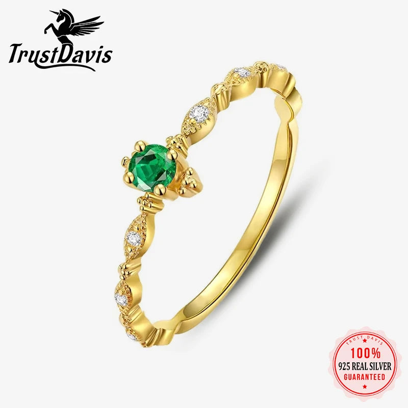 Trustdavis Authentic S925 Sterling Silver Green CZ 14K Gold Ring DB1249