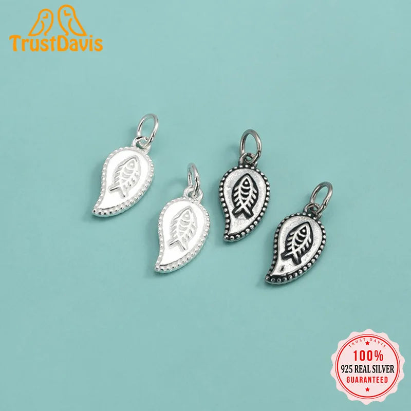 TrustDavis Real 925 Sterling Silver Fashion Leaf fish Charm Pendant Handmade DIY Necklace Bracelet Accessories Jewelry DZ1642