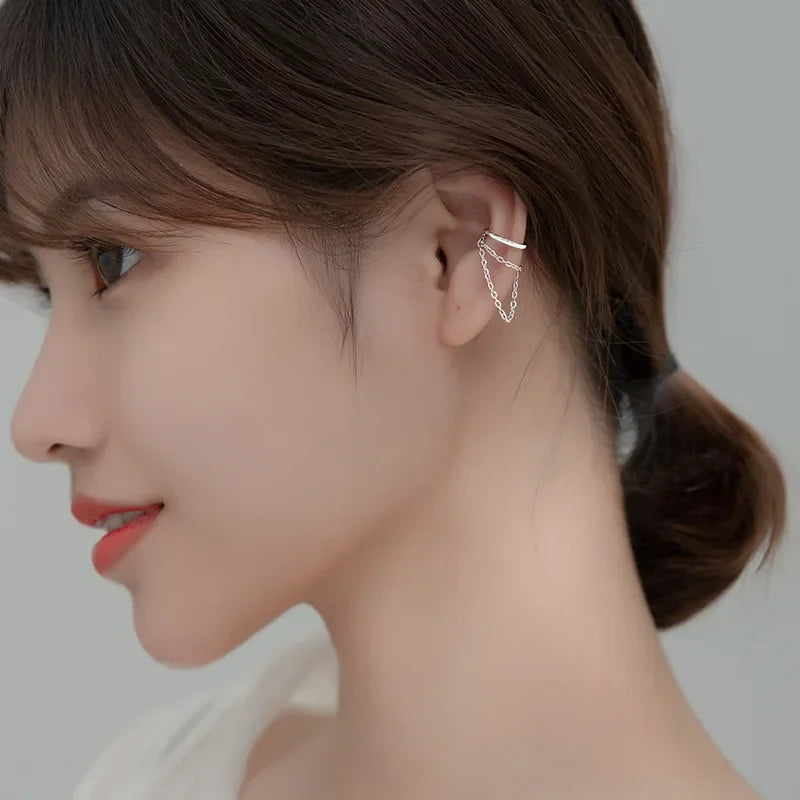 Trustdavis Real 925 Sterling Silver Double Chain Clip On Earrings Ear Cuff  For Women Without Piercing Earring Jewelry DA1700