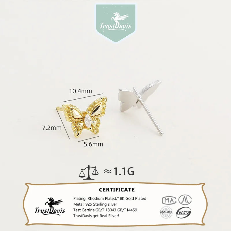 TrustDavis 925 Sterling Silver Women's Fashion Simple Butterfly Zirconia Earrings for Women Girls Birthdays Jewelry Gift  DS4701