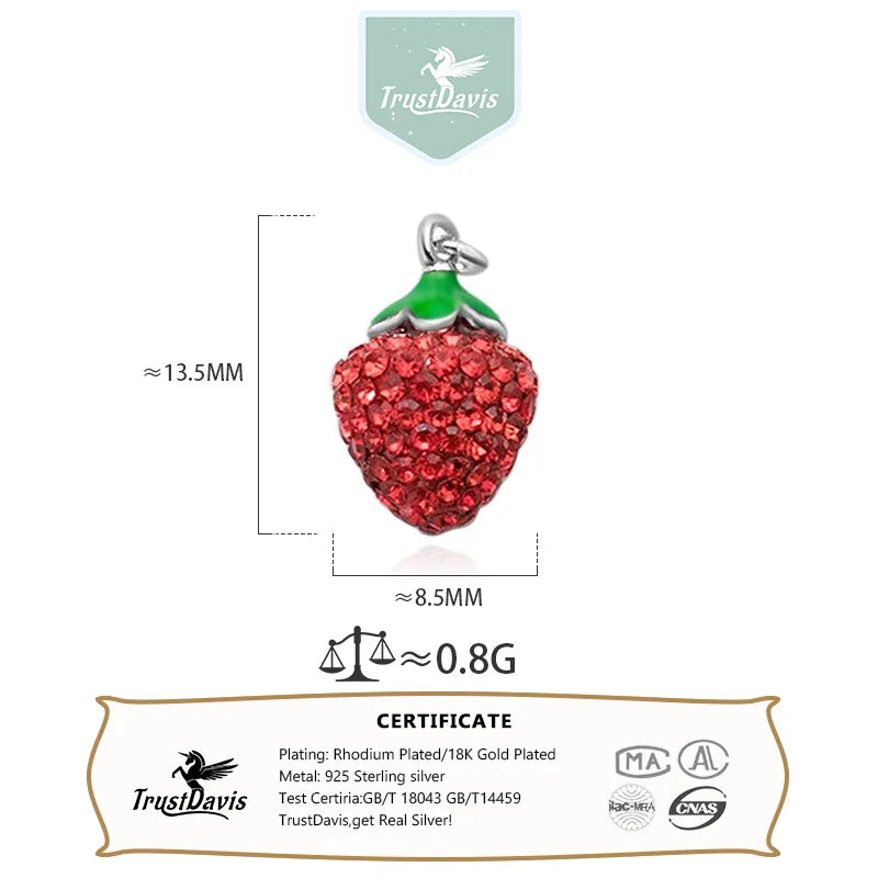 TrustDavis New Real 925 Sterling Silver Fashion Zircon Red Strawberry Charm Pendant Handmade DIY Accessories Wholesale DZ1733