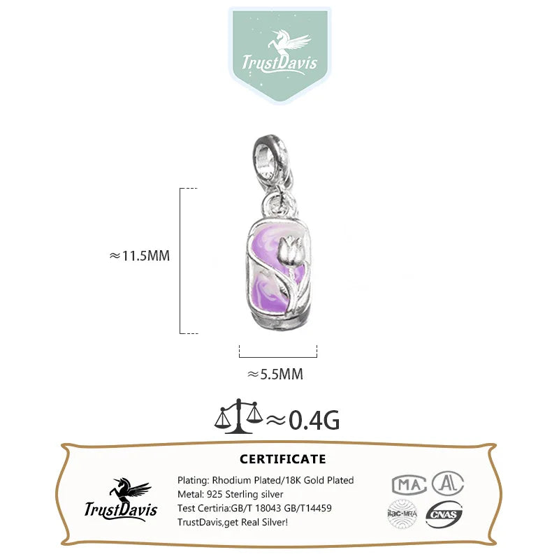 TrustDavis 925 Sterling Silver Fashion Classic Cute Square Tulip Pendant DIY Necklace Bracelet Accessories Fine Jewelry DZ1843