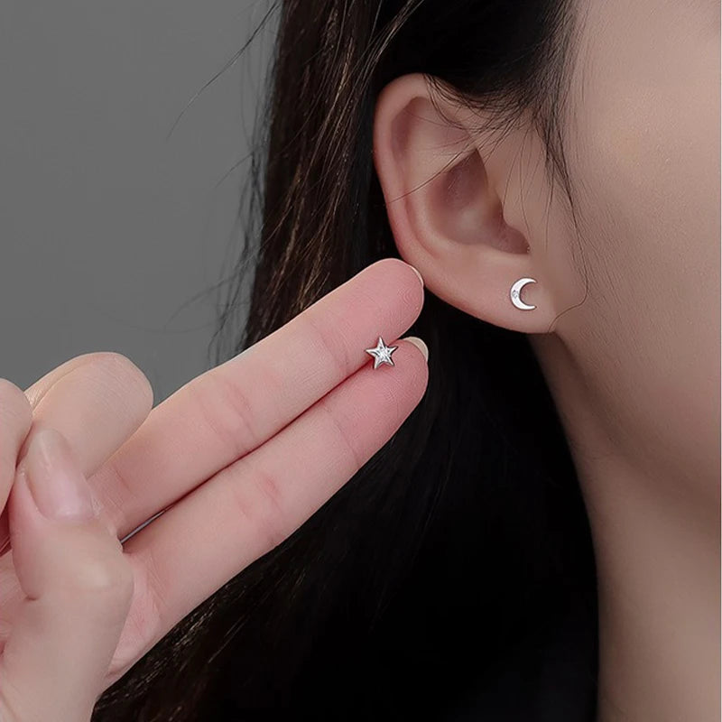 TrustDavis 925 Sterling Silver Women's Fashion Simple Round Zirconia Star Moon Earrings for Women Girls Jewelry Gift DS4272