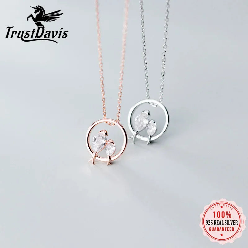 TrustDavis 100% 925 Sterling Silver Dazzling Birds Fall in Love CZ Pendant Necklace for Women Girl Silver 925 Jewelry DA462