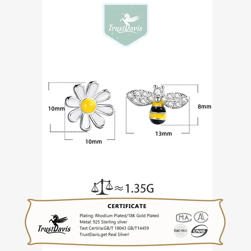 TrustDavis 925 Sterling Silver Women's Fashion Sweet Bee and Daisy Asymmetrical Earrings for Women Girls Jewelry Gift DS4368