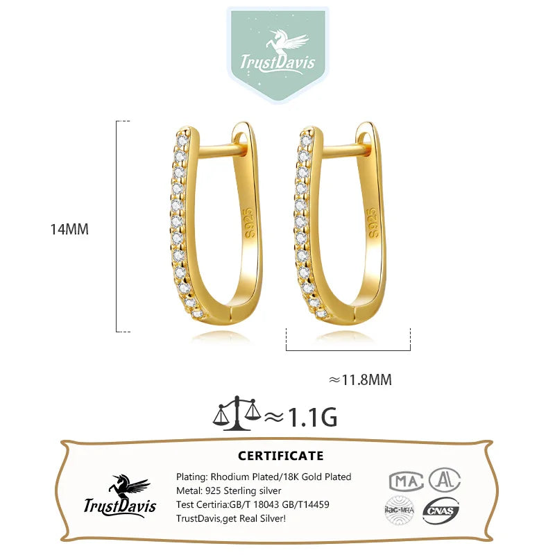 TrustDavis Real 925 Sterling Silver Romantic U-shaped zircon Hoop Earrings For Women Wedding Party Fine Jewelry Gift DA3232