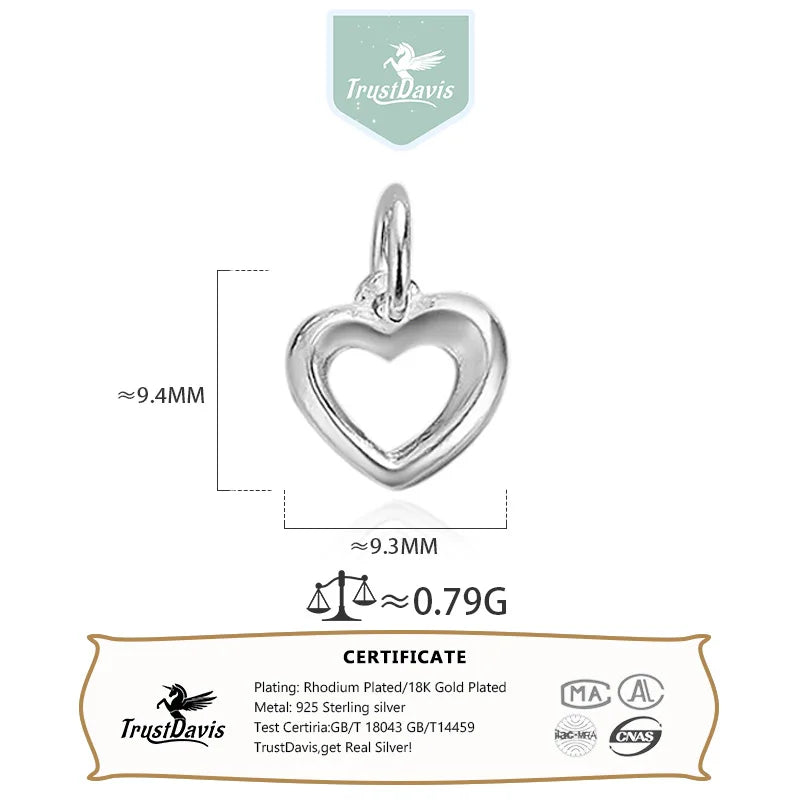 TrustDavis New Real 925 Sterling Silver Fashion Simple Heart Charm Pendant Handmade DIY Accessories Wholesale DZ1717