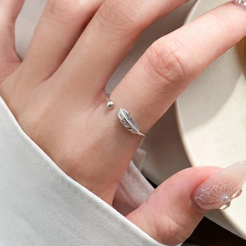 Feather Open Ring Minimalist Adjustable Leaf Bead Ring DS5003