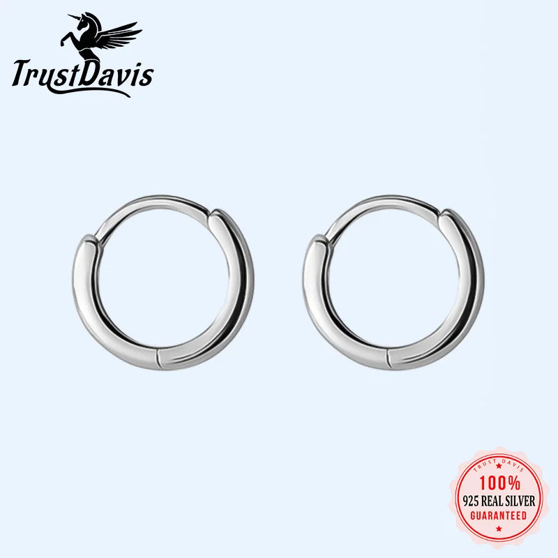 TrustDavis  100% 925 Sterling Silver Black Geometric Smooth Surface  Hoop Earrings For Women Fashion Silver 925 Jewelry DA432