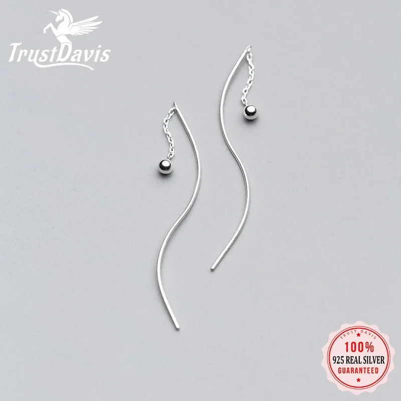 TrustDavis New Fashion 925 Sterling Silver Beads Waves Ear Line Dangle Earrings For Women Wedding Party Jewelry Gift DA940