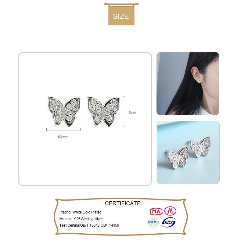 TrustDavis 925 Sterling Silver Dazzling Insects Butterfly Stud Earring For Women Girl Kid Lady Silver 925 Jewelry Gift ED461