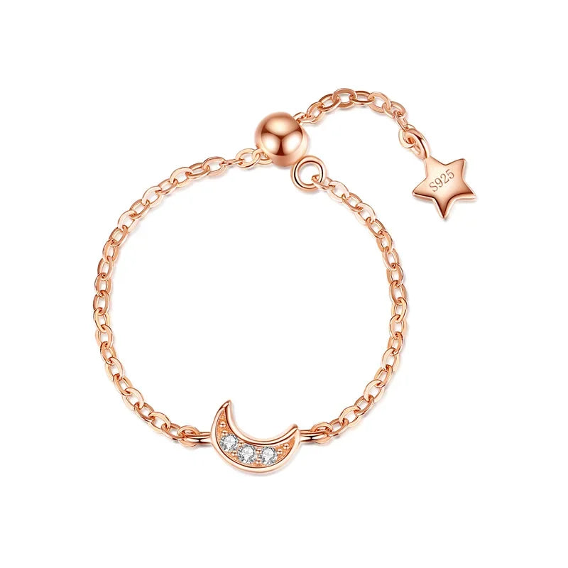TrustDavis Real 925 Sterling Silver Fashion Moon Star CZ Chain Ring Sizable For Women Wedding Birthday Party Fine Jewelry DA2050