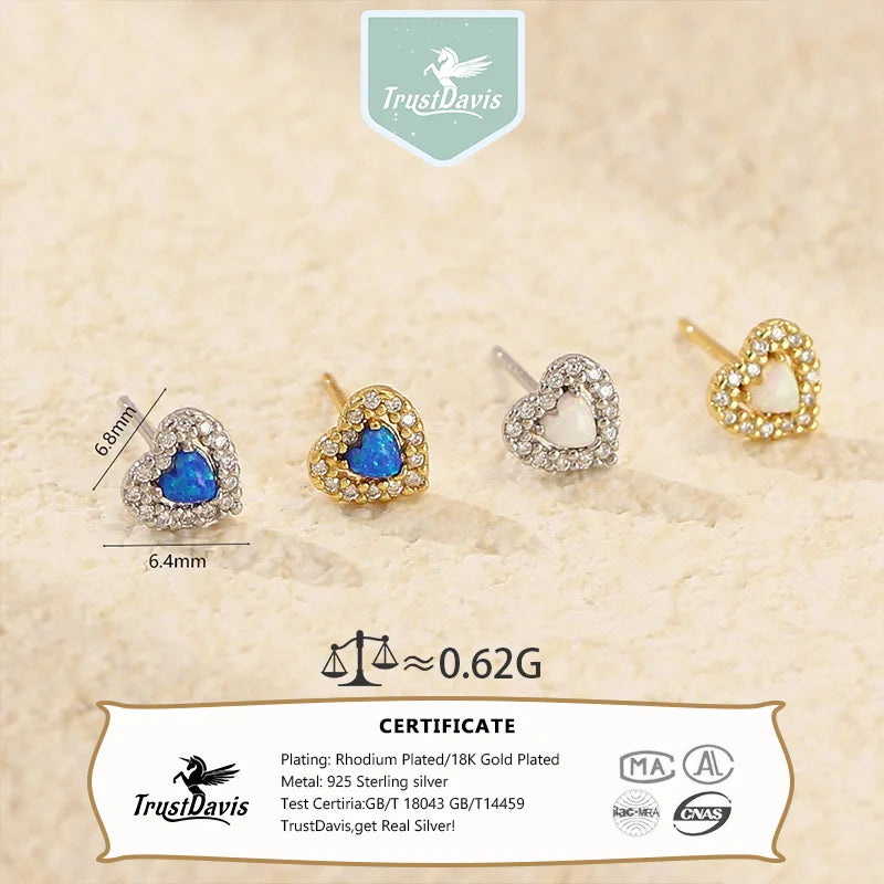 TrustDavis 925 Sterling Silver Women's Fashion Simple Opal Heart Zirconia Earring for Women Girls Birthdays Jewelry Gift  DS4697