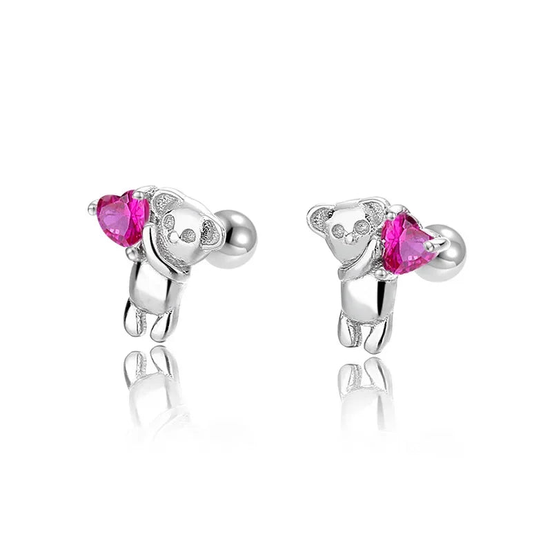 TrustDavis Real 925 Sterling Silver Earring Love Animal Bear Heart CZ Screw Stud Earrings for Daughter Girls Jewelry Gift DA3172