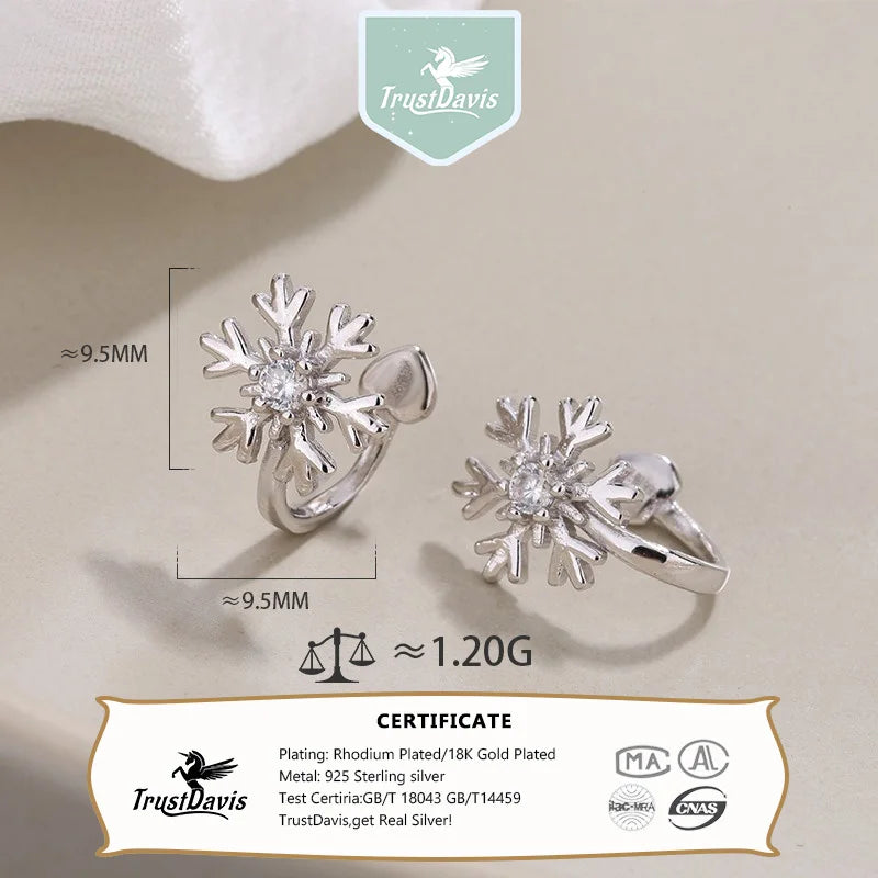 TrustDavis 925 Sterling Silver Women's Fashion Simple Snowflake Zircon Earrings for Women Girls Christmas Jewelry Gift  DS4702