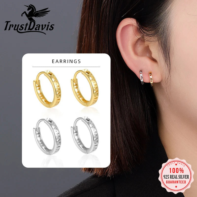TrustDavis 925 Sterling Silver Women's Fashion Hollow Roman Numeral Hoop Earrings for Women Girls Jewelry Gift DS4336