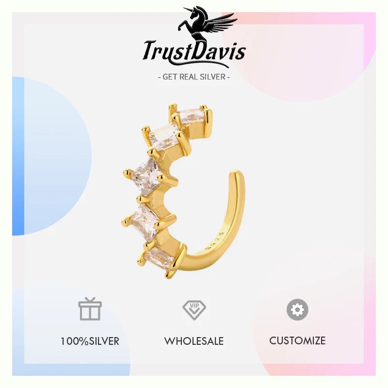 TrustDavis 925 Sterling Silver Women's Fashion Simple Zircon Clip Earrings for Women Girls Birthday Jewelry Gift DS4707