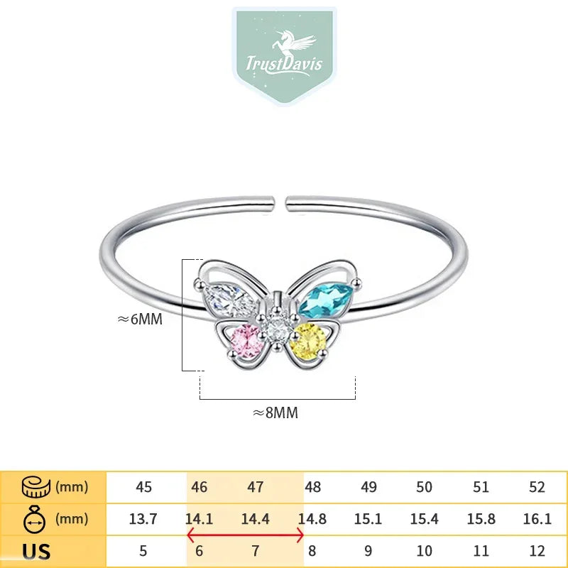 TrustDavis Women Real 925 Sterling Silver Butterfly Zircon Ring Cute Gift for Daddy's Girl Mom Daugther Birthday Jewelry DA4182