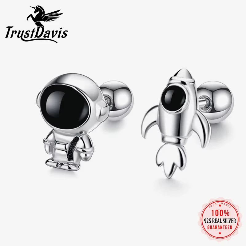 TrustDavis Real 925 Sterling Silver 2022 Sweet Astronaut Rocket Screw Stud Earrings For Daughter Girls Gift Fine Jewelry DG0062