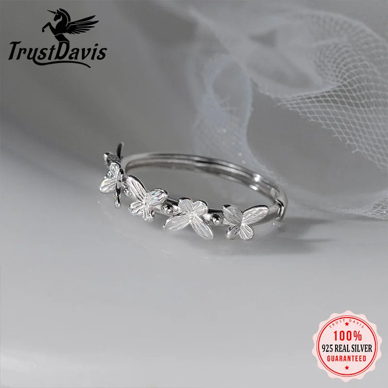 TrustDavis 925 Sterling Silver Women's Rings Fashion Simple Striped Five Butterfly Ring for Women Girls Jewelry Gift DS4354