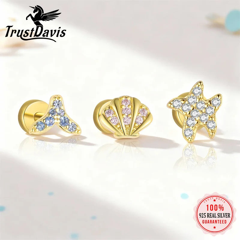 TrustDavis Real 925 Sterling Silver Fashion Sweet Starfish Seashell Mermaid Tail Earrings for Women Girls Jewelry Gift DS4735