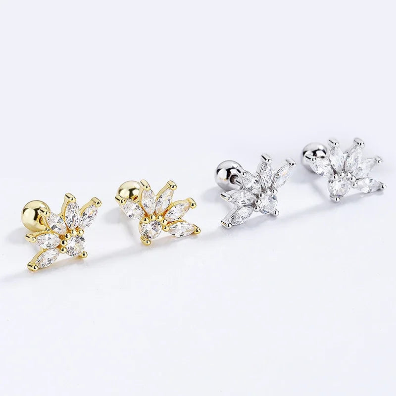 18K Gold Flower Clear CZ Beads Screw Earring DG0096