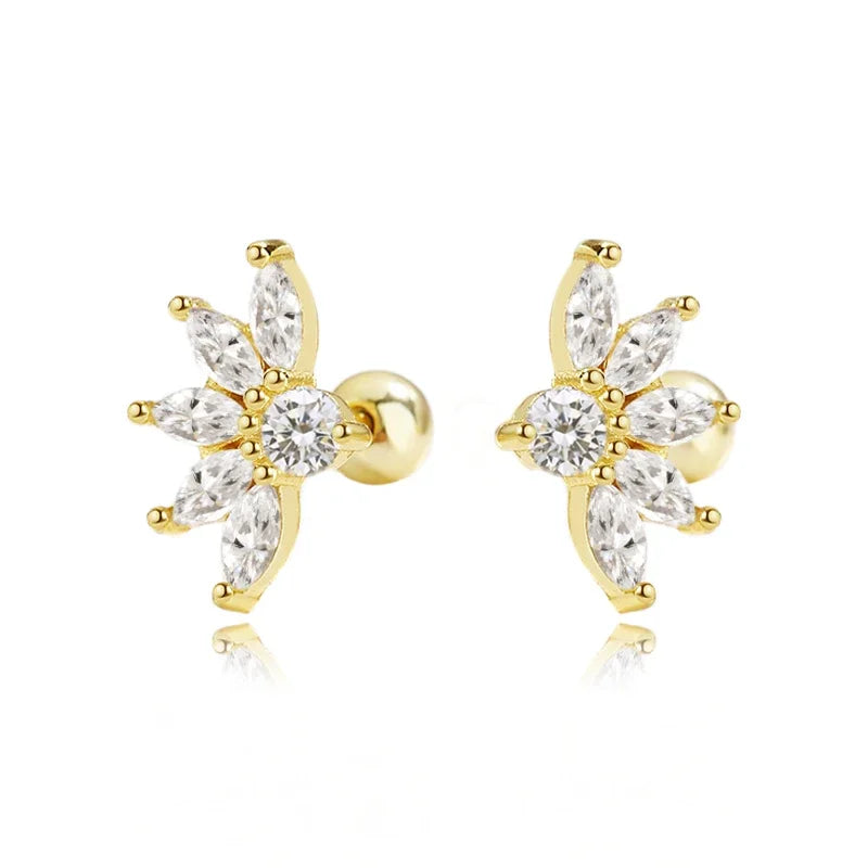 18K Gold Flower Clear CZ Beads Screw Earring DG0096