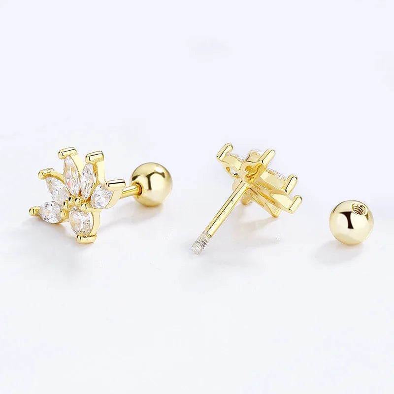 18K Gold Flower Clear CZ Beads Screw Earring DG0096