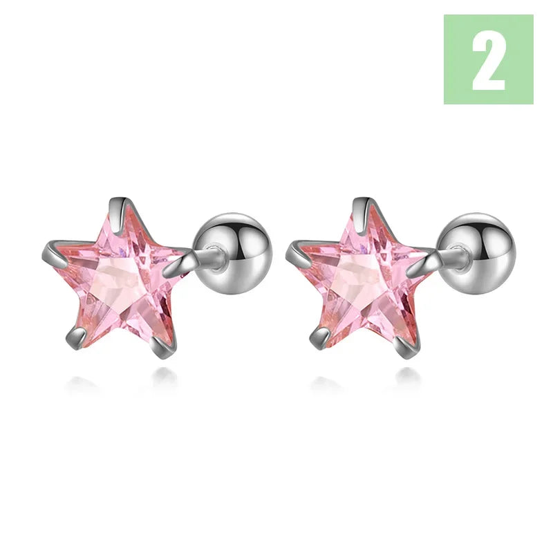 Romantic Star CZ Bead Screw Stud Earrings DS4122